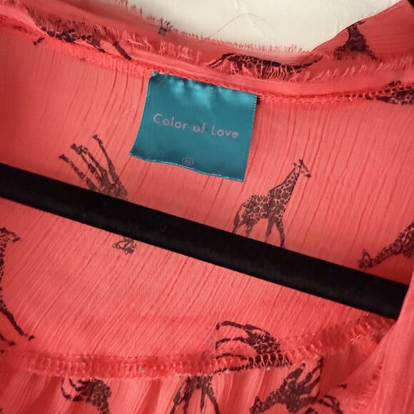 Color of Love Blouse Womens Medium‎ Red Sheer Giraffe Print Boho Peasant Top Tie - Picture 8 of 9